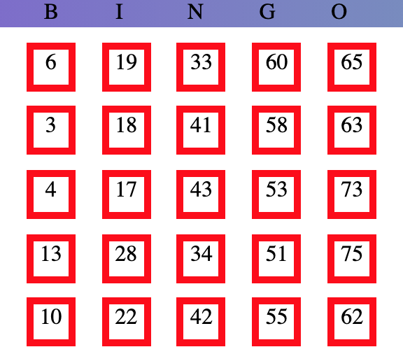Pic of bingo game